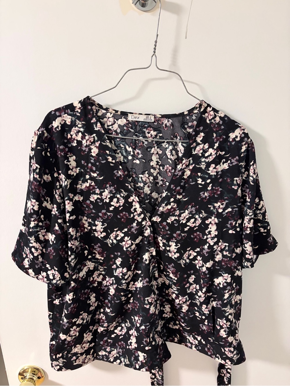 DEX Black Floral V-Neck crossover Blouse with Blossoms